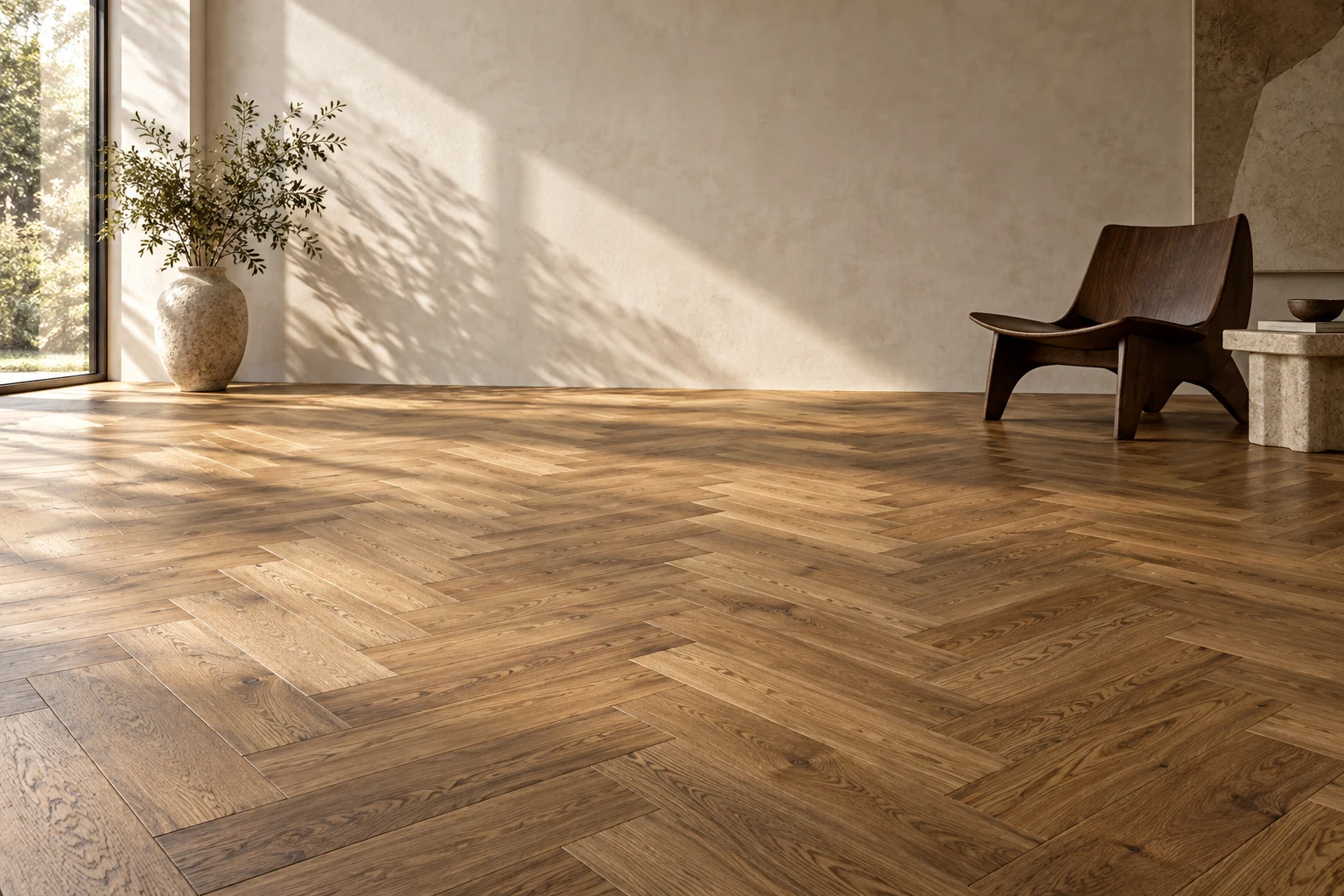 Illustrative interior with a natural wood parquet floor